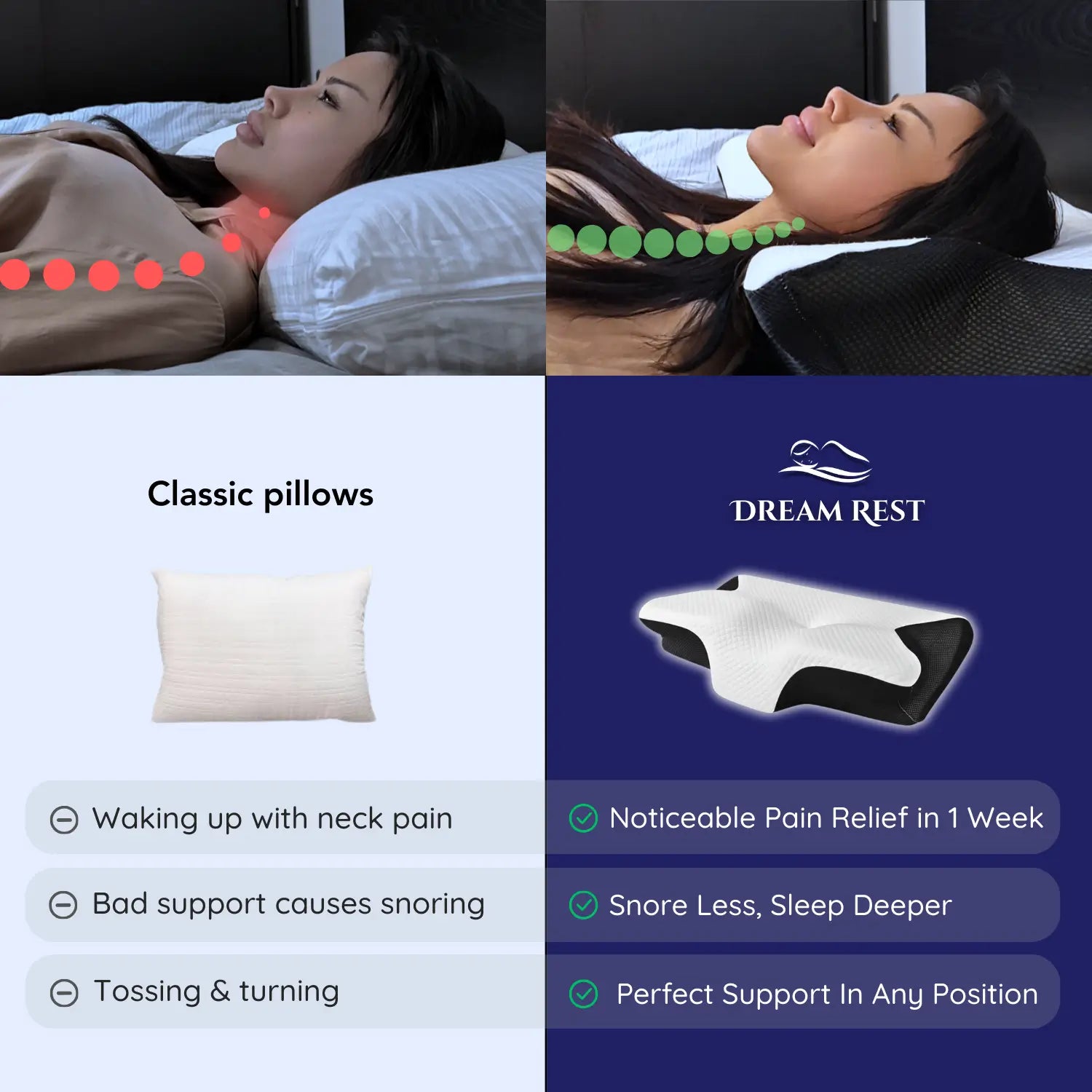 Advertisement for Dream Rest pillows showing a woman sleeping with a pillow and text about pain relief and sleep improvement.