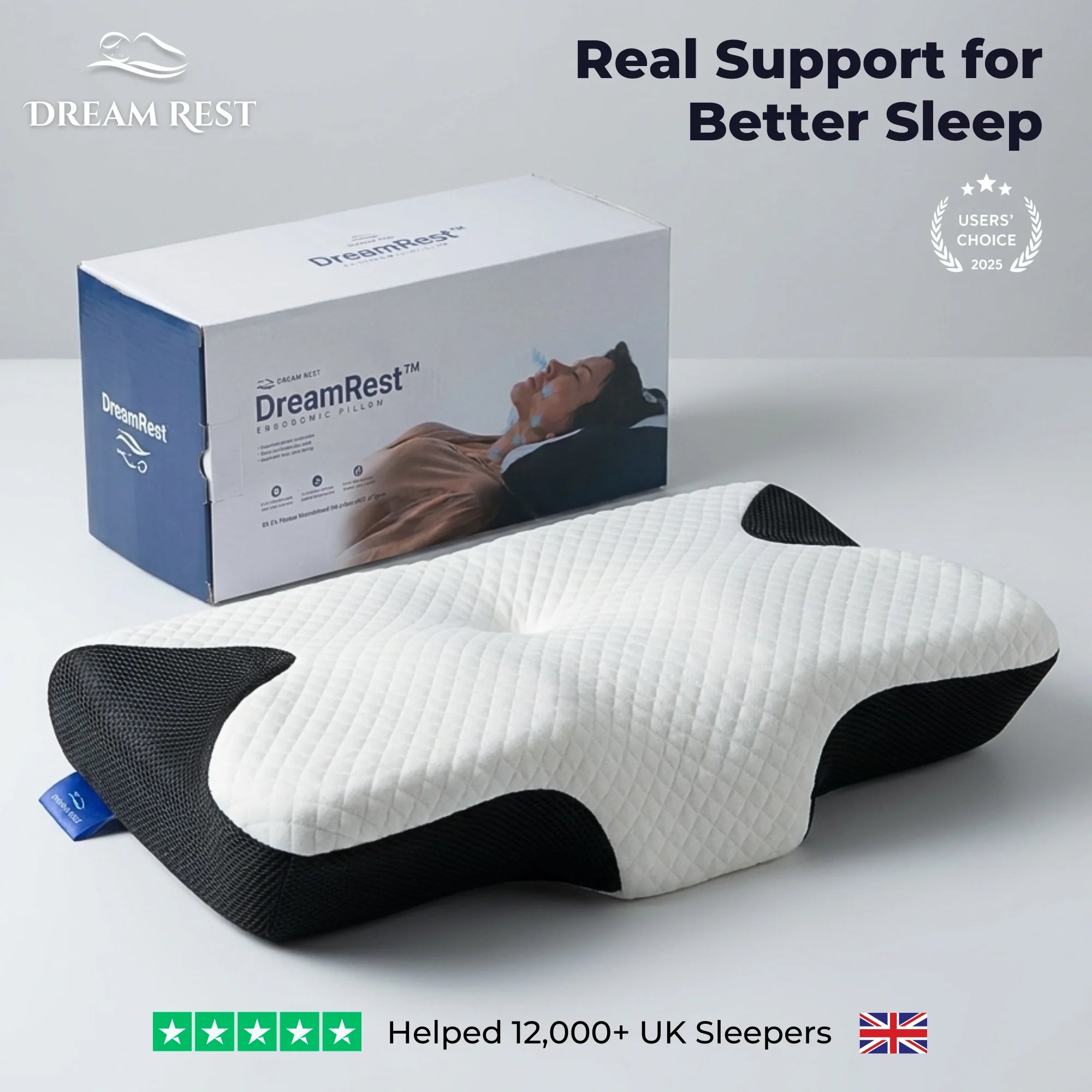 Ergonomic memory foam pillow for neck pain relief and snoring reduction, contoured design with breathable fabric and packaging