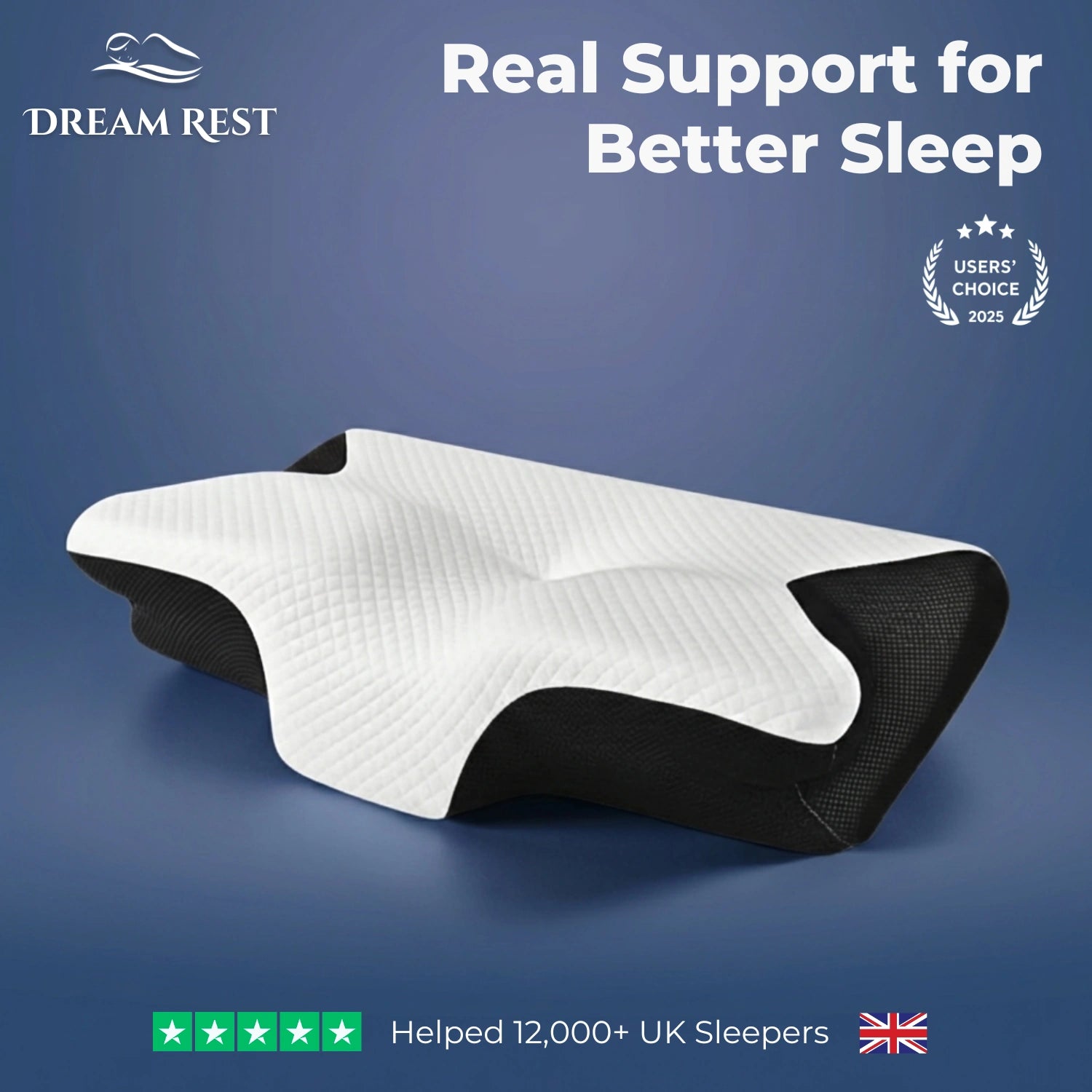 Dream Rest ergo pillow with branding and text on a blue background