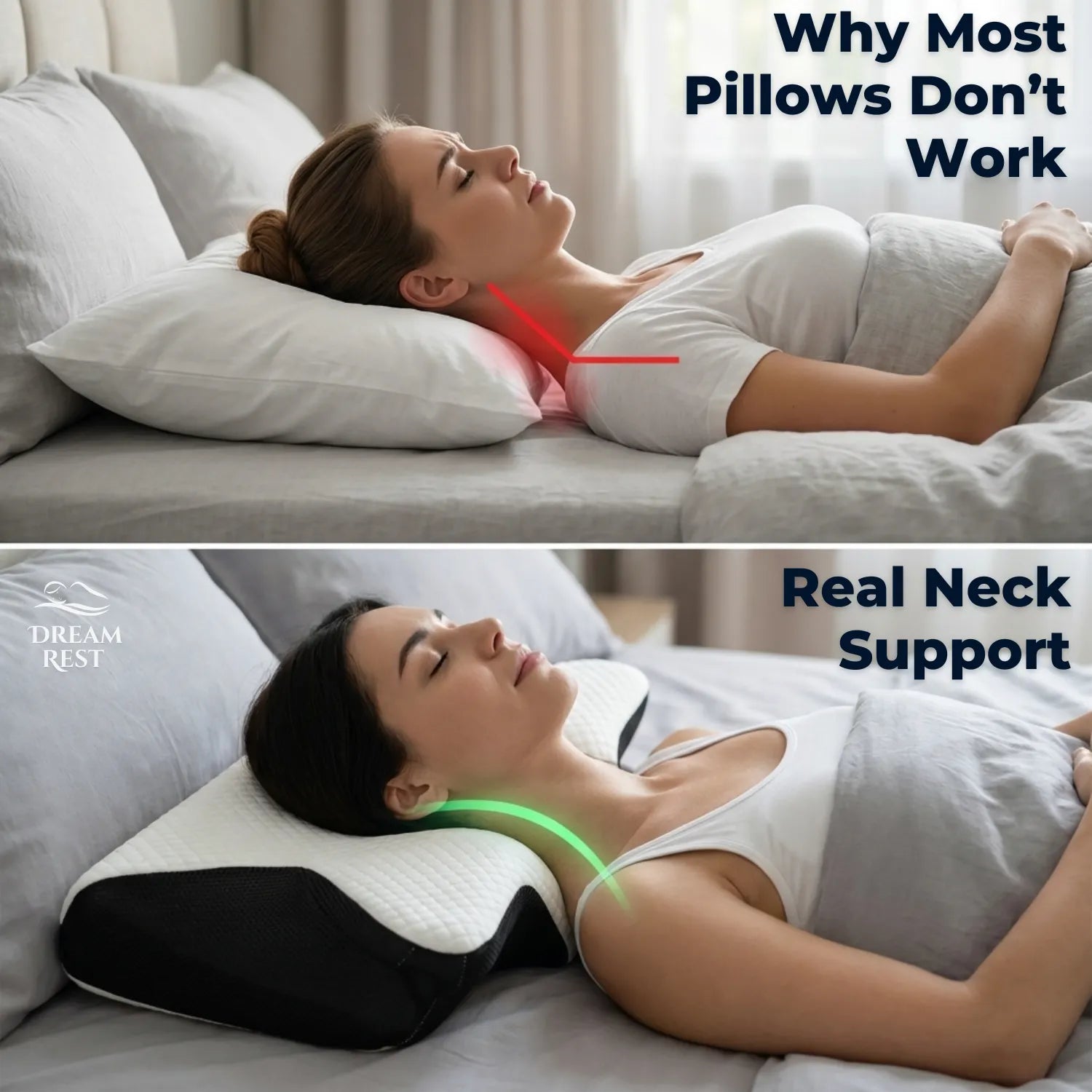 Comparison of a standard pillow and a neck support pillow showing proper neck alignment.