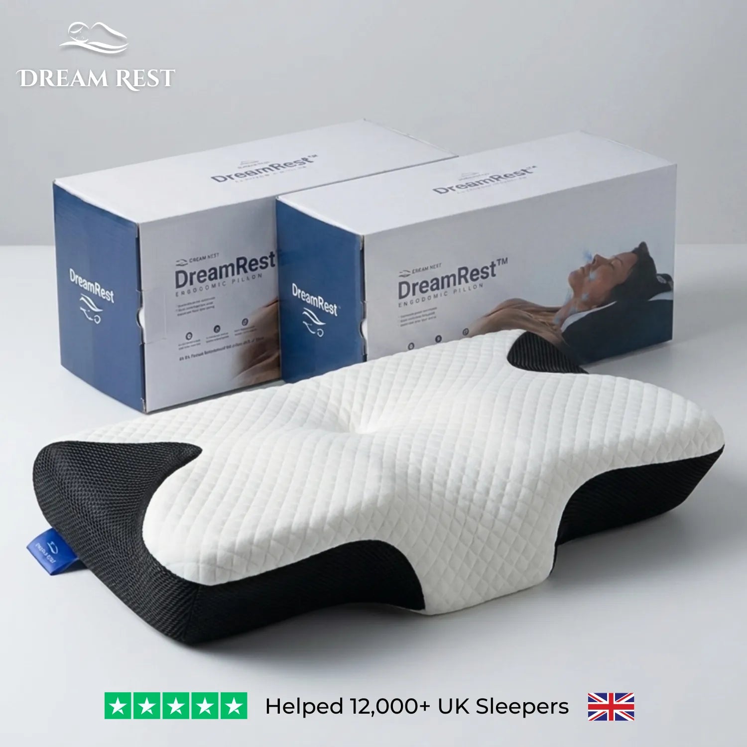 DreamRest pillow and packaging on a light gray background